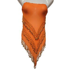 Orange Bellydance Hip Scarf Gold Ball Beaded Tassels Long Wide Wrap Scarf Skirt